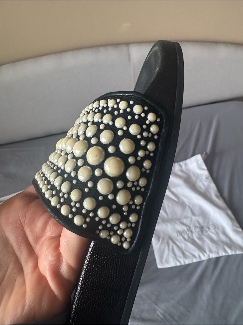 Jimmy Choo Black Slide Sandals with Pearl Embellishment - Picture 5 of 7